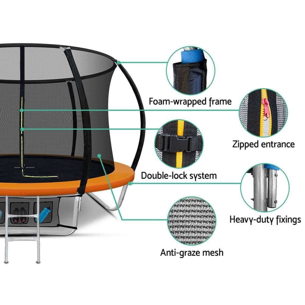 8FT Trampoline Round Trampolines Kids Present Gift Enclosure Safety Net Pad Outdoor Orange