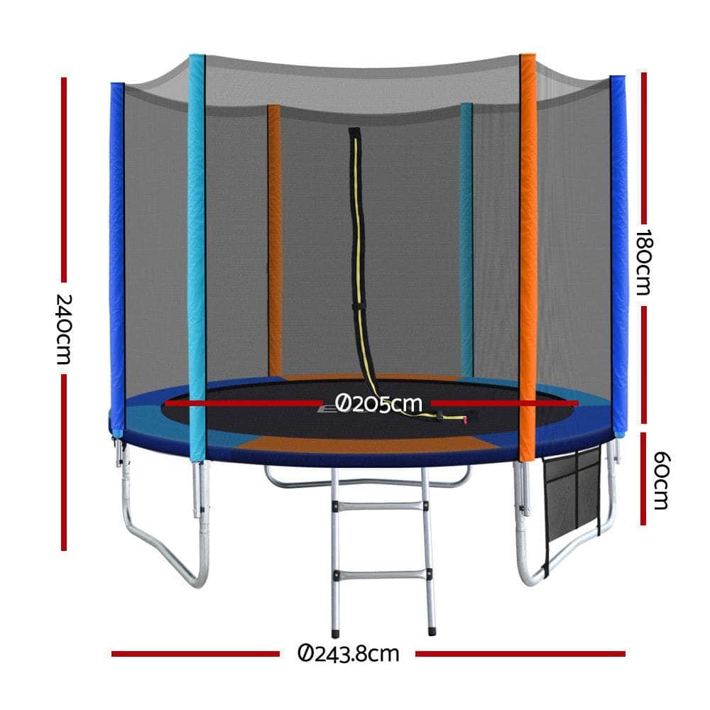 8FT Trampoline Round Trampolines Kids Safety Net Enclosure Pad Outdoor Gift Multi-coloured