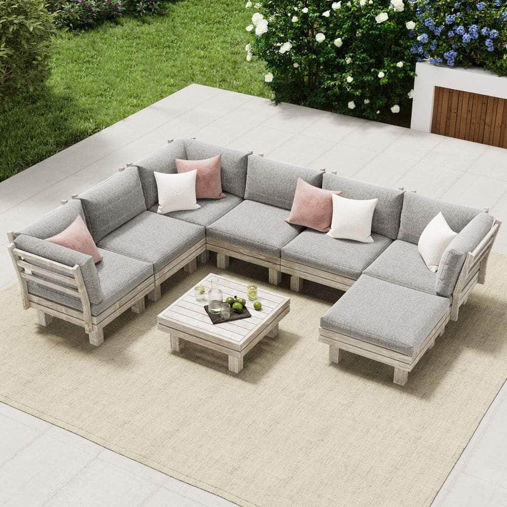 8PCS Outdoor Sofa Set Wooden Lounge Setting Table Chair