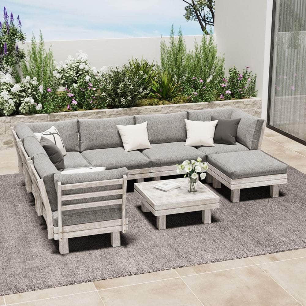8PCS Outdoor Sofa Set Wooden Lounge Setting Table Chair