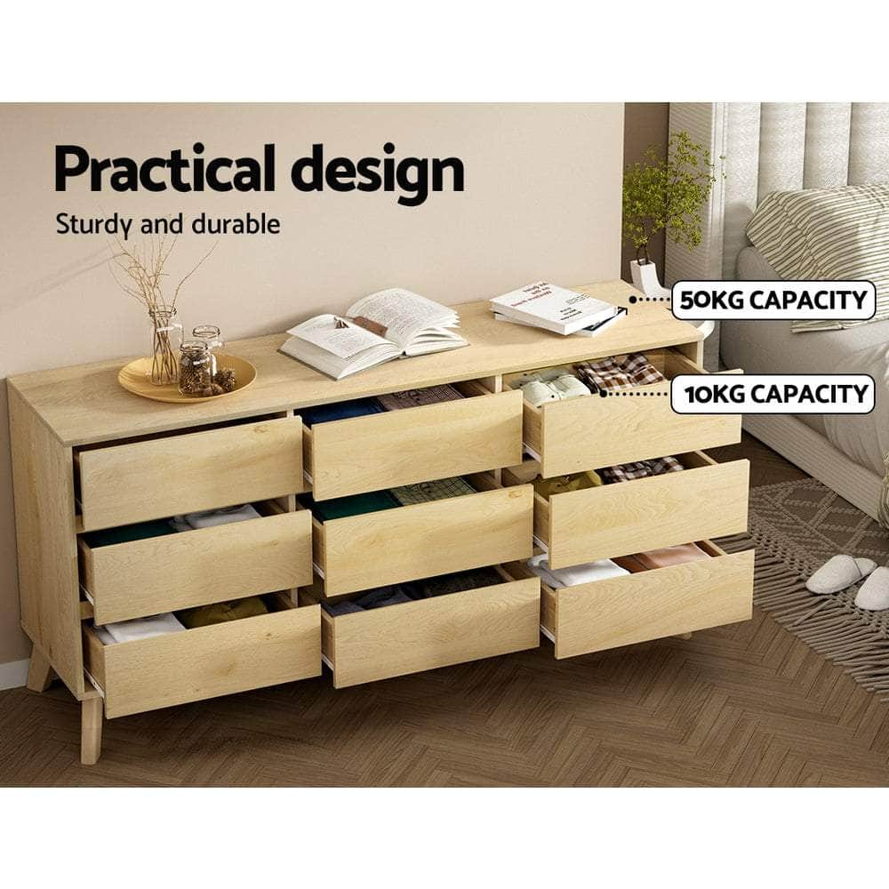 9-Drawer Oak Dresser for Bedroom Storage