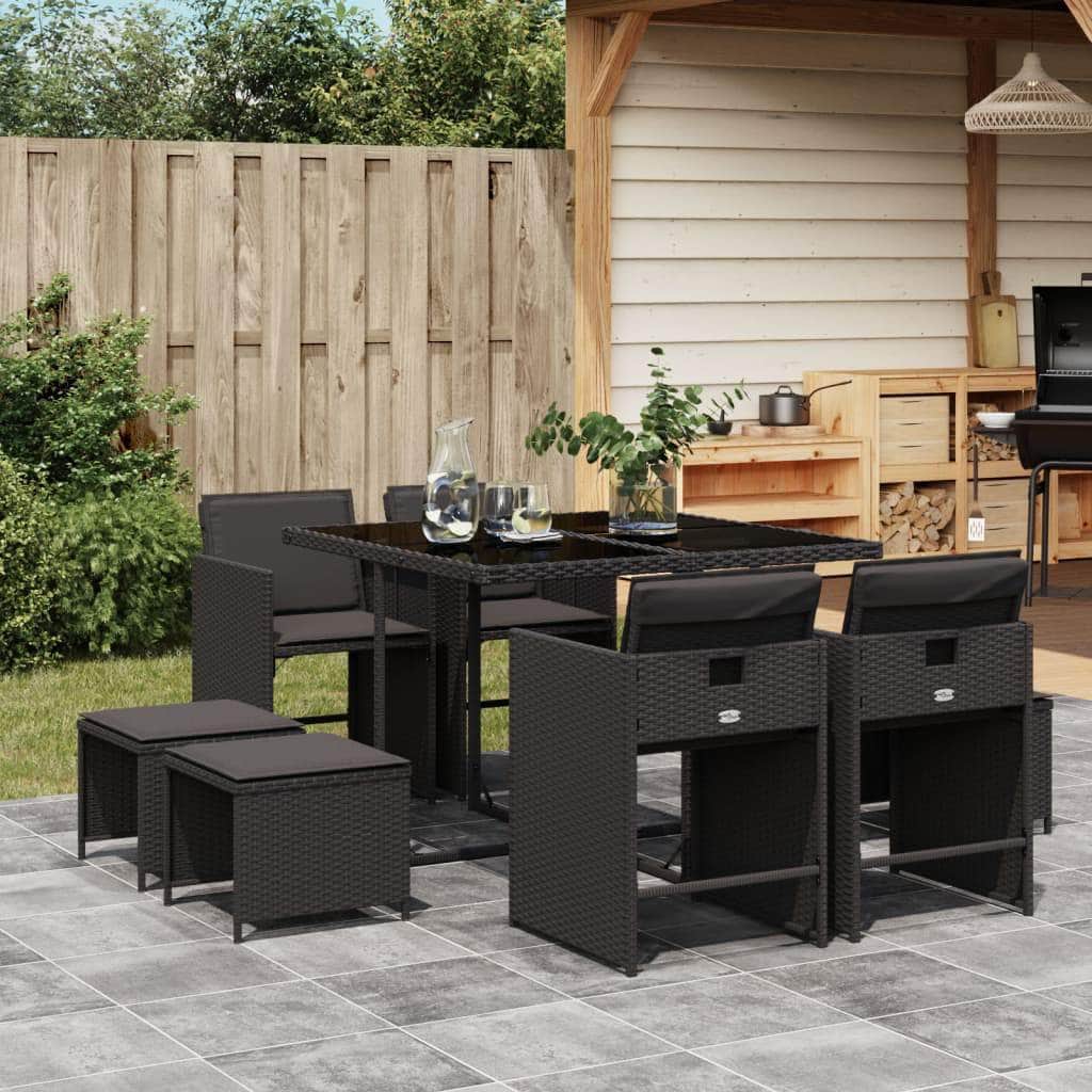 9-Piece Garden Dining Set with Cushions Black Poly Rattan