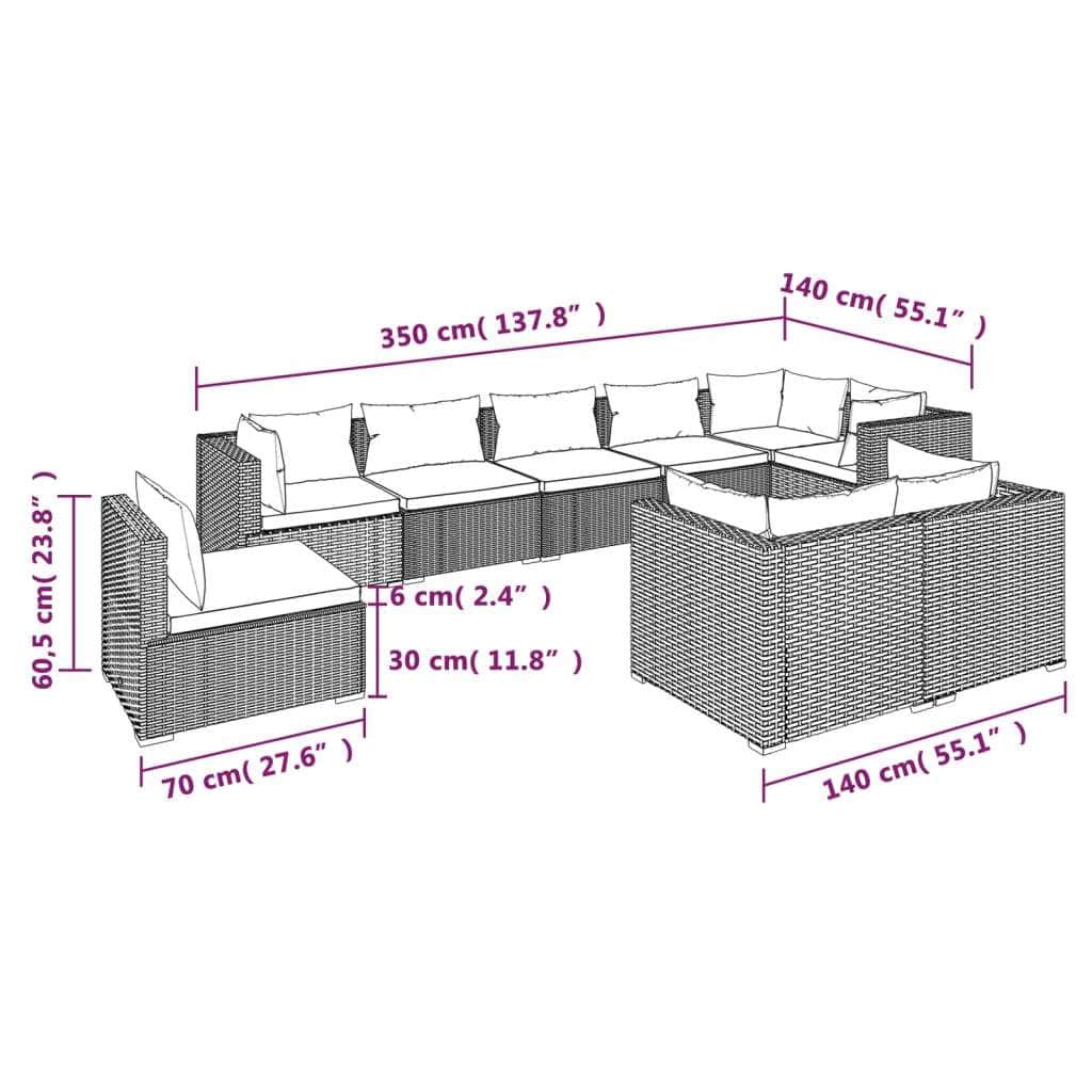 9 Piece Garden Lounge Set with Cushions Poly Rattan Brown