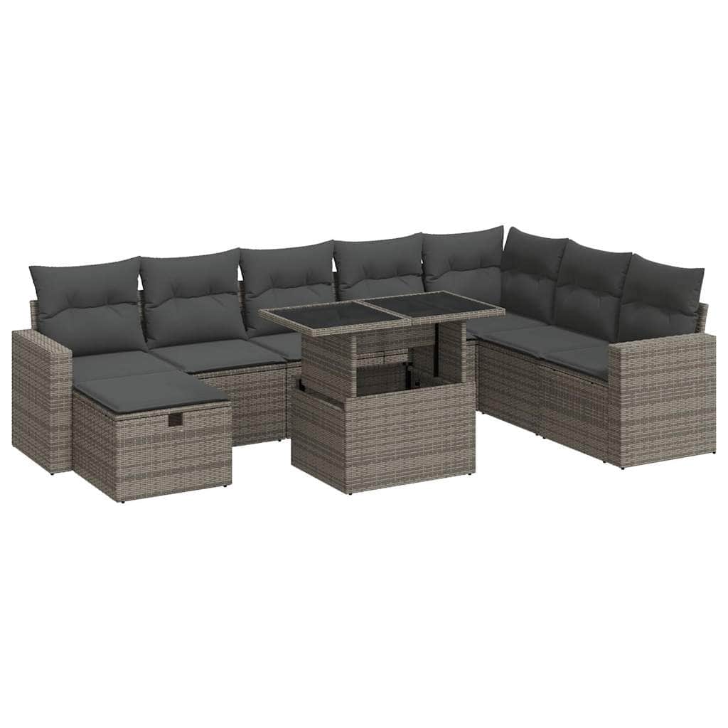 9 Piece Garden Sofa Set with Cushions Grey Poly Rattan - Sleek & Functional