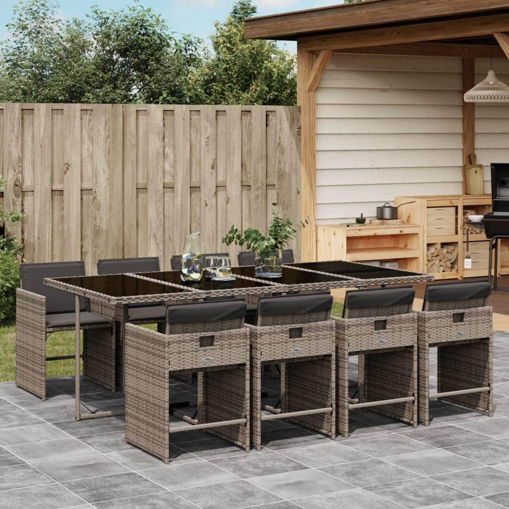 9-Piece Grey Poly Rattan Garden Dining Set with Cushions