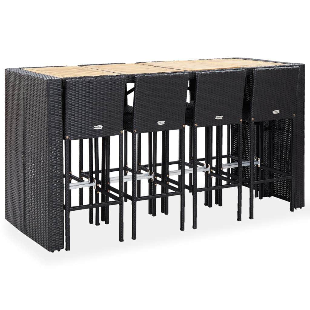 9 Piece Outdoor Bar Set Poly Rattan and Acacia Wood Black