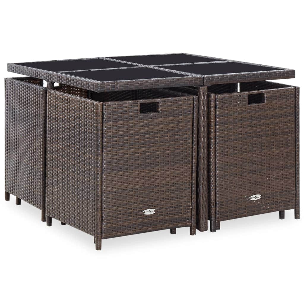 9 Piece Outdoor Dining Set with Cushions Poly Rattan Brown