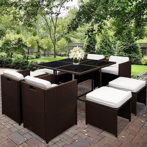 9 Piece Wicker Outdoor Dining Set - Brown & White