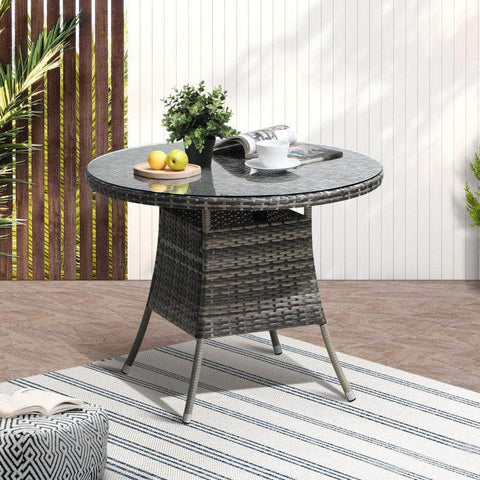 90CM Outdoor Dining Table Round Rattan Glass Table Patio Furniture Grey