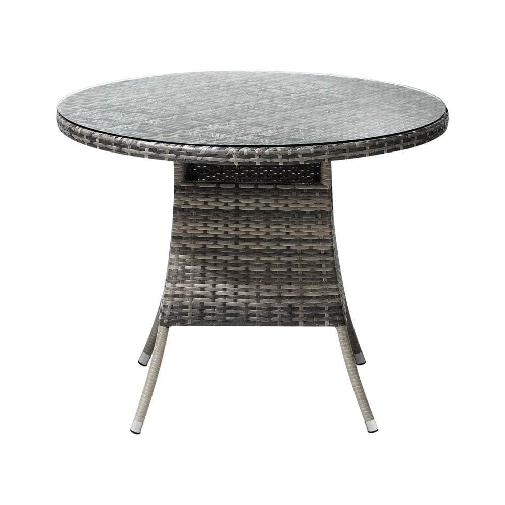 90CM Outdoor Dining Table Round Rattan Glass Table Patio Furniture Grey