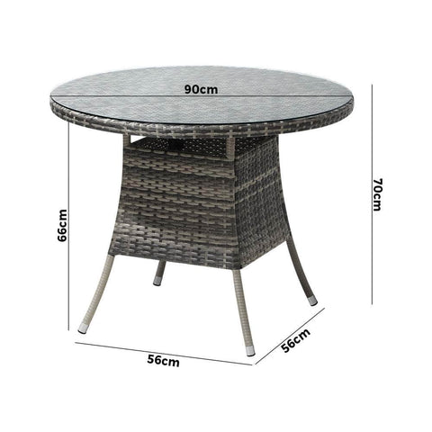 90CM Outdoor Dining Table Round Rattan Glass Table Patio Furniture Grey