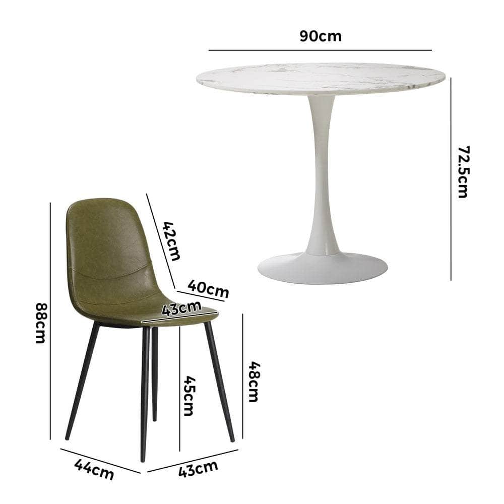 90cm Round Dining Table with 4 PU Leather Chairs Green for Kitchen or Dining