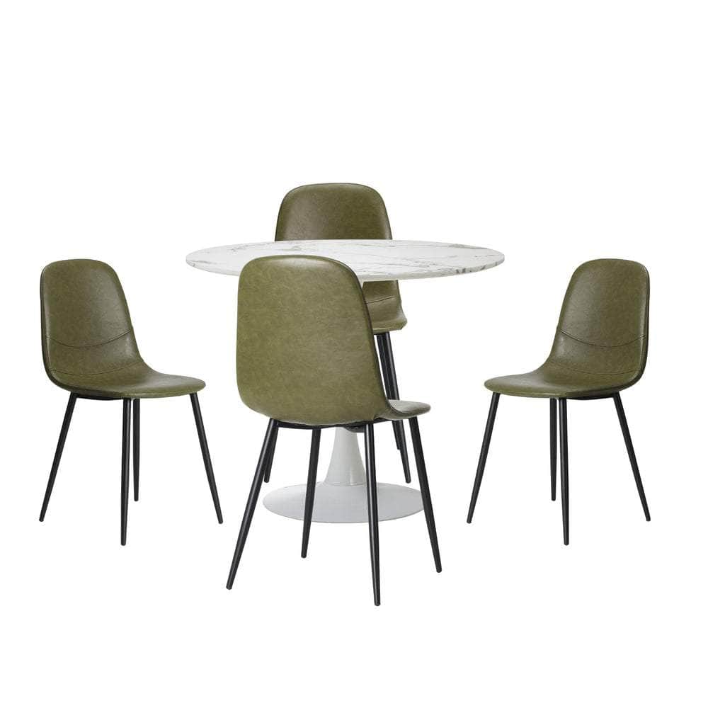 90cm Round Dining Table with 4 PU Leather Chairs Green for Kitchen or Dining