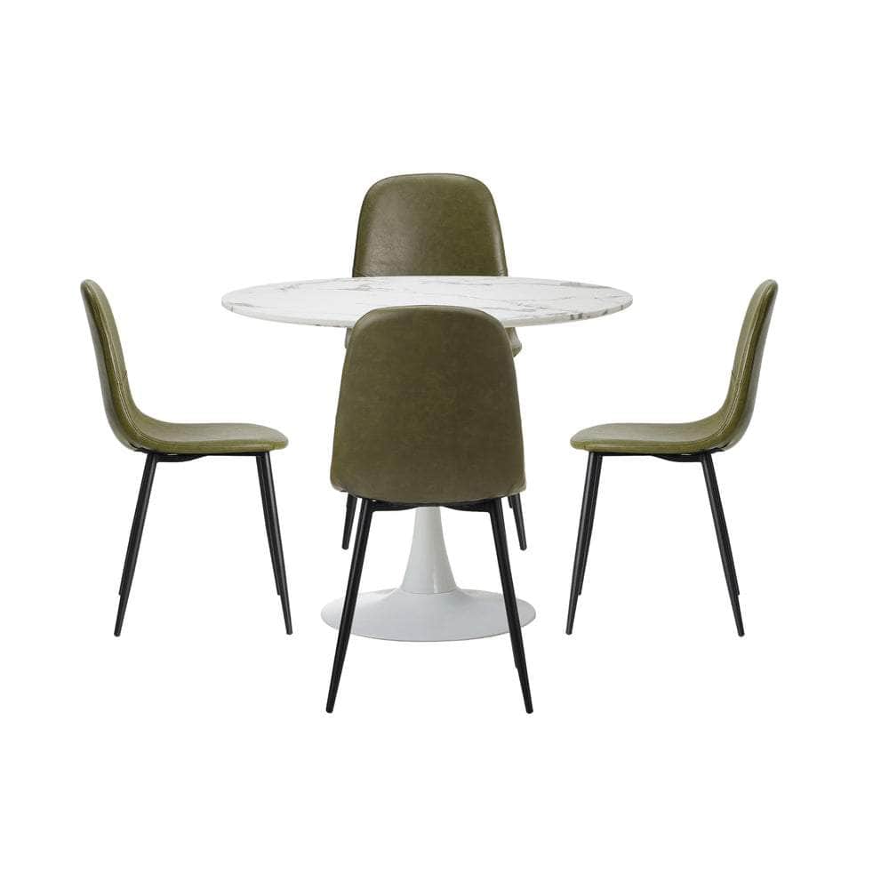 90cm Round Dining Table with 4 PU Leather Chairs Green for Kitchen or Dining