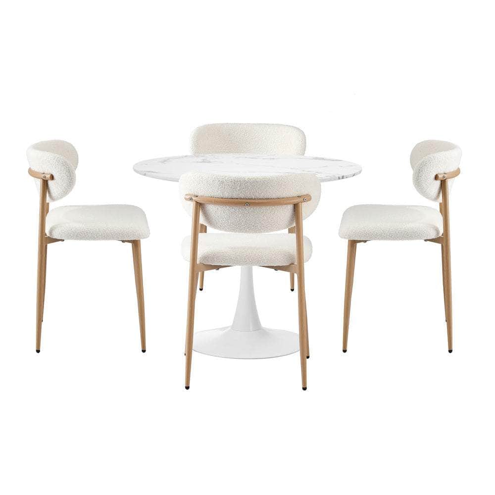 90cm Round Dining Table with 4x Dining Chairs Boucle White&Gold