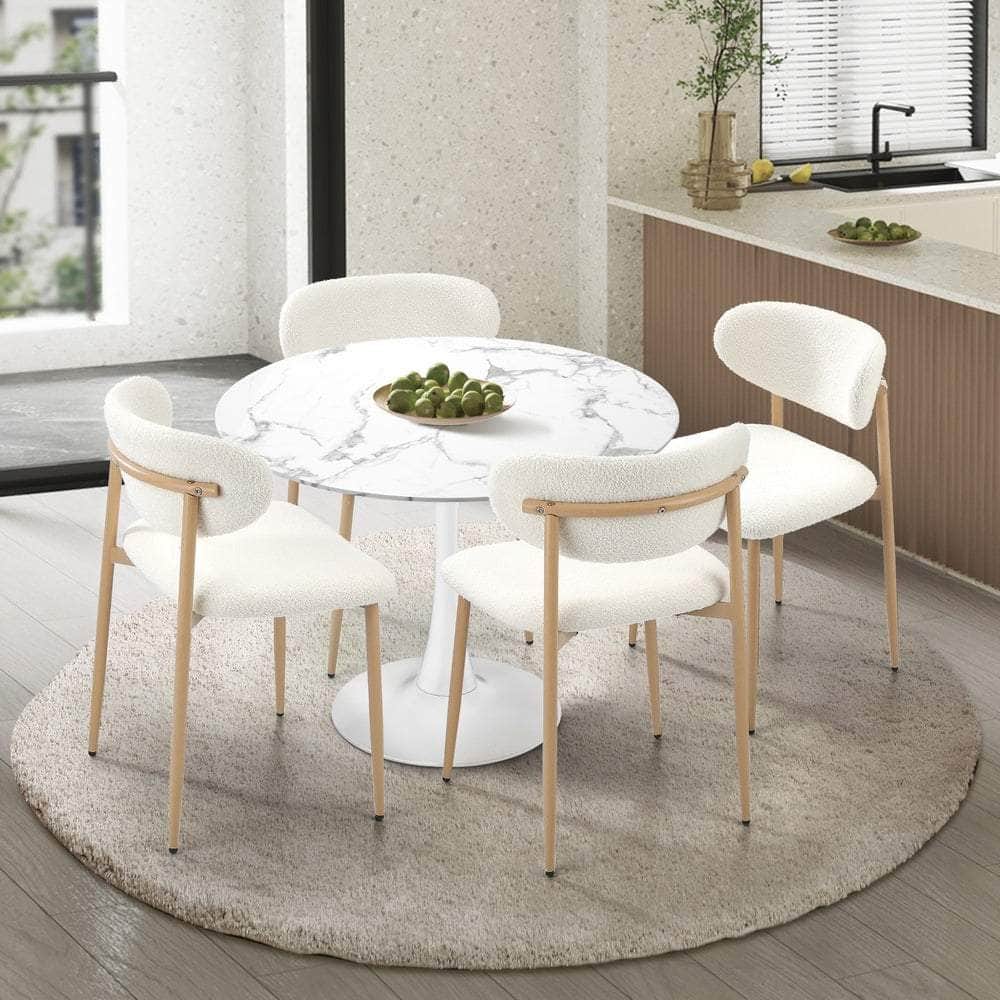 90cm Round Dining Table with 4x Dining Chairs Boucle White&Gold