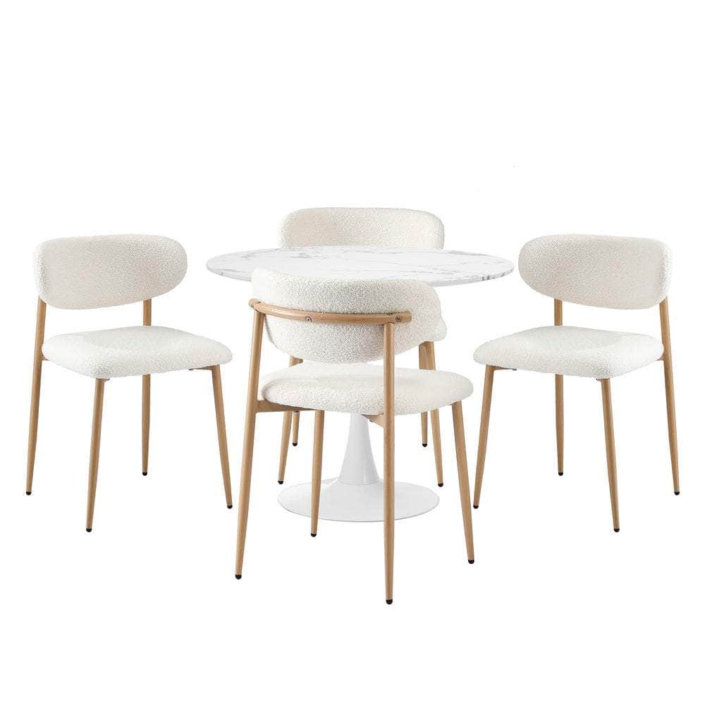 90cm Round Dining Table with 4x Dining Chairs Boucle White&Gold