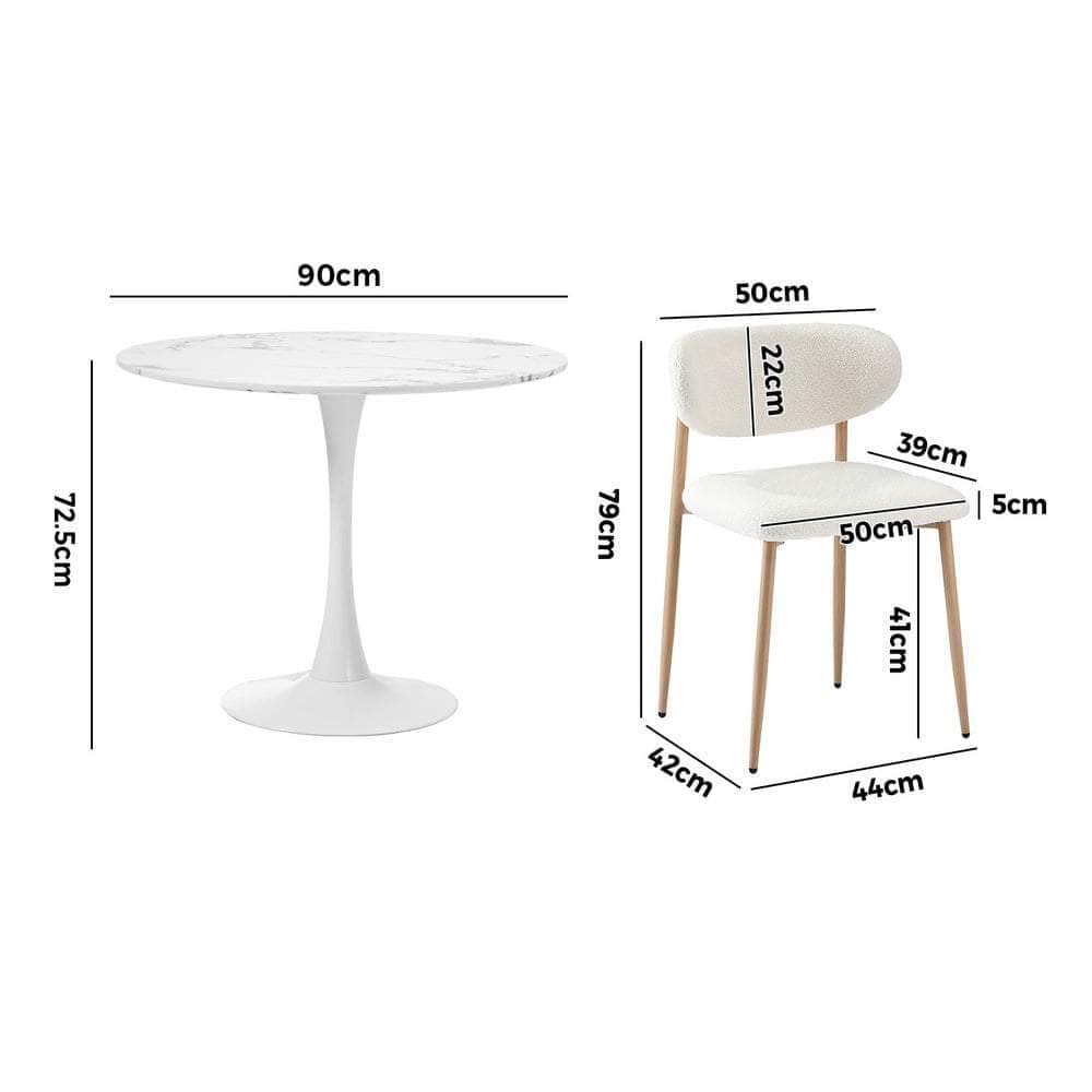 90cm Round Dining Table with 4x Dining Chairs Boucle White&Gold