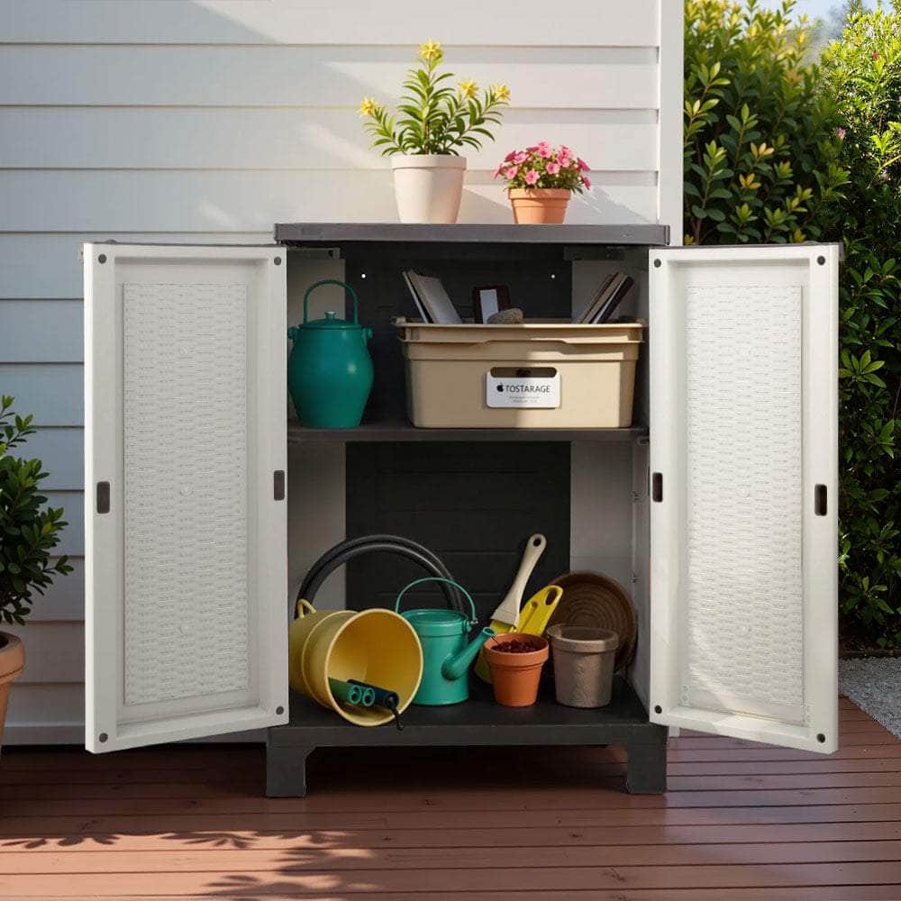 92Cm Outdoor Storage Cabinet Box Lockable Cupboard Sheds Rattan Beige