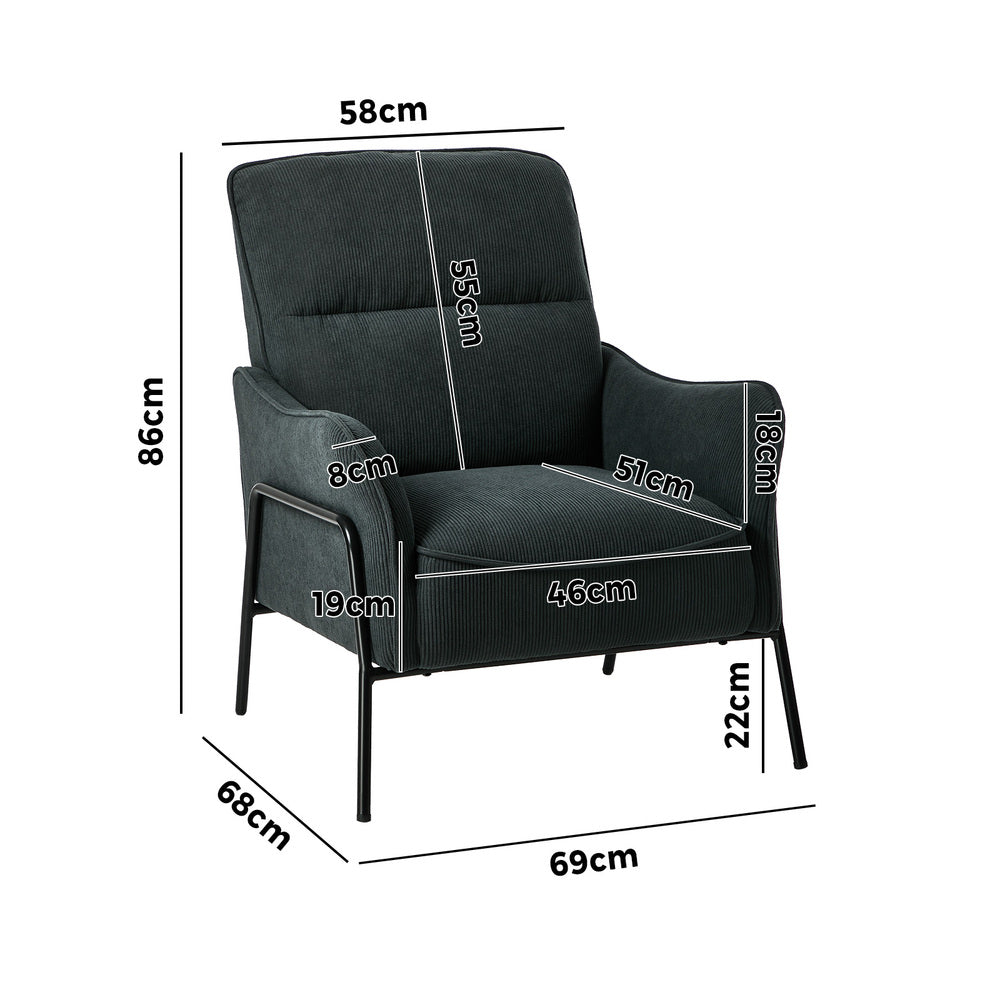 Modern Accent Armchair Lounge Collection High Back Velvet Fabric 86cm Grey Metal Legs