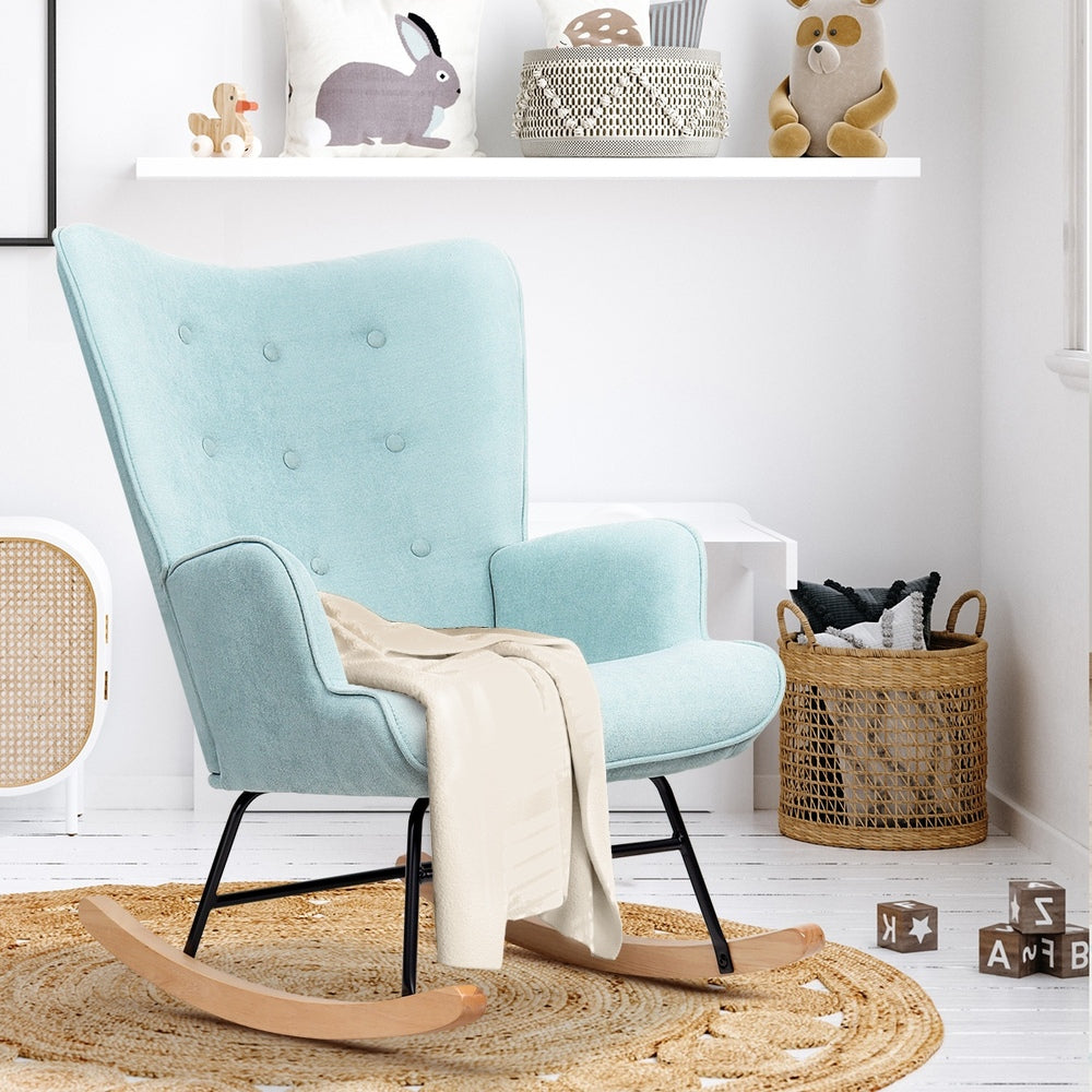 Luxurious Nursing Armchair: Rocking Bliss in Blue/Pink Velvet