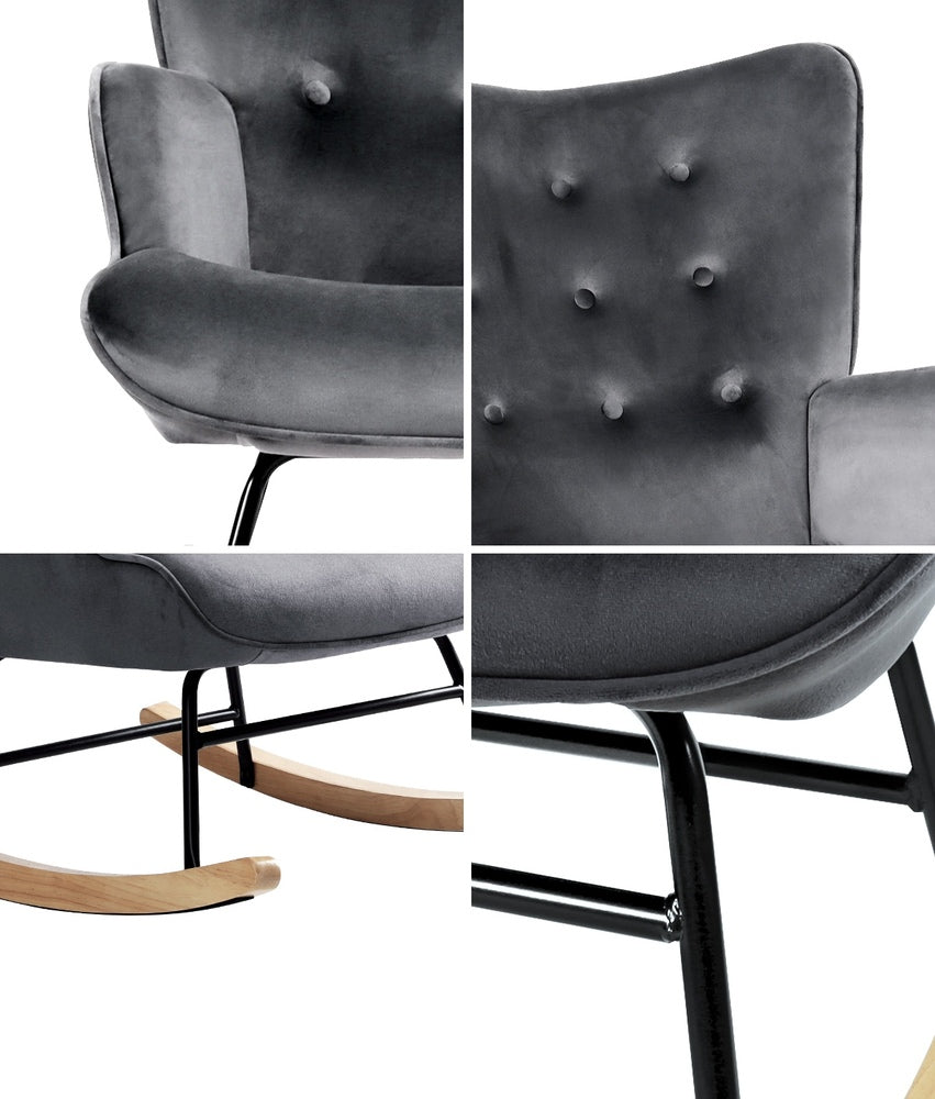 Rocking Chair Armchair Velvet Accent Chairs Fabric Upholstered Grey