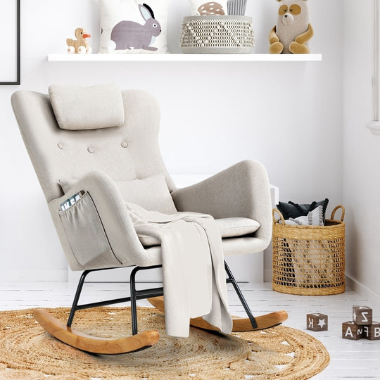 Rocking Chair Nursing Armchair Linen/Sherpa 2 Pillow
