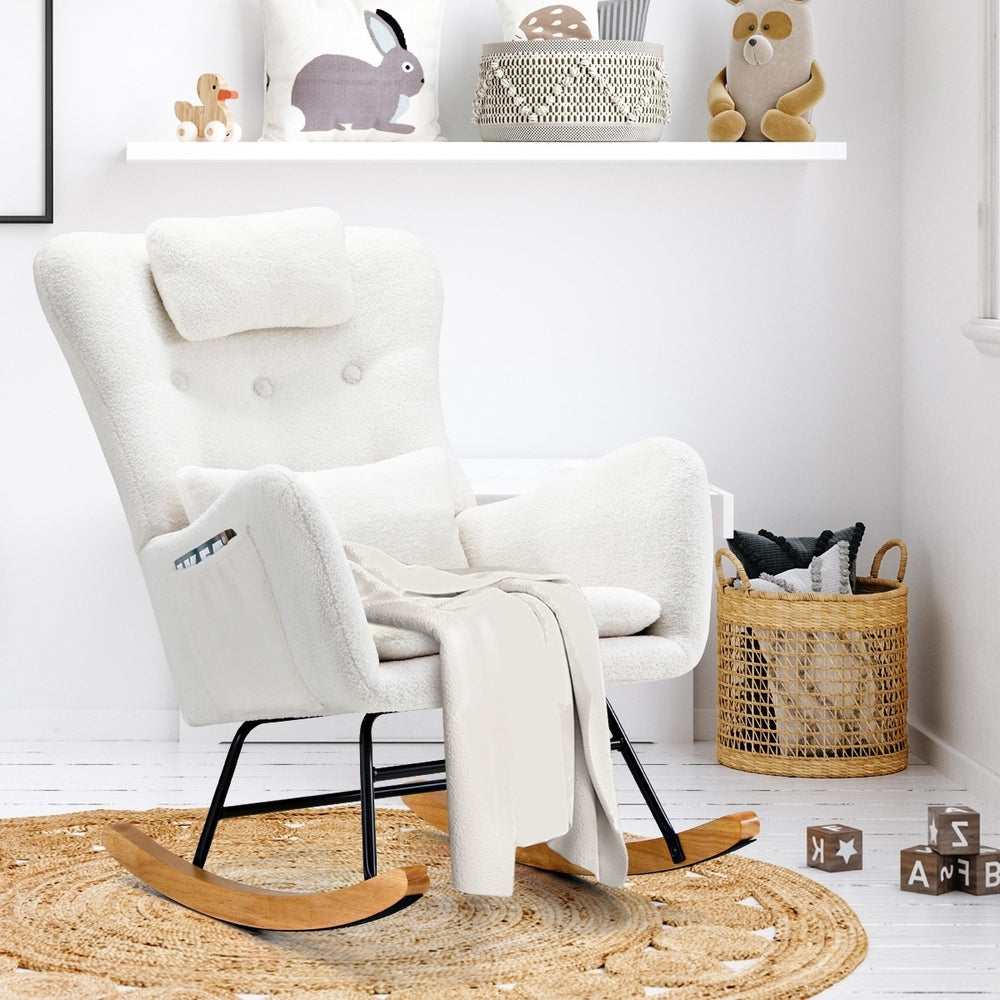 Rocking Chair Nursing Armchair Linen/Sherpa 2 Pillow
