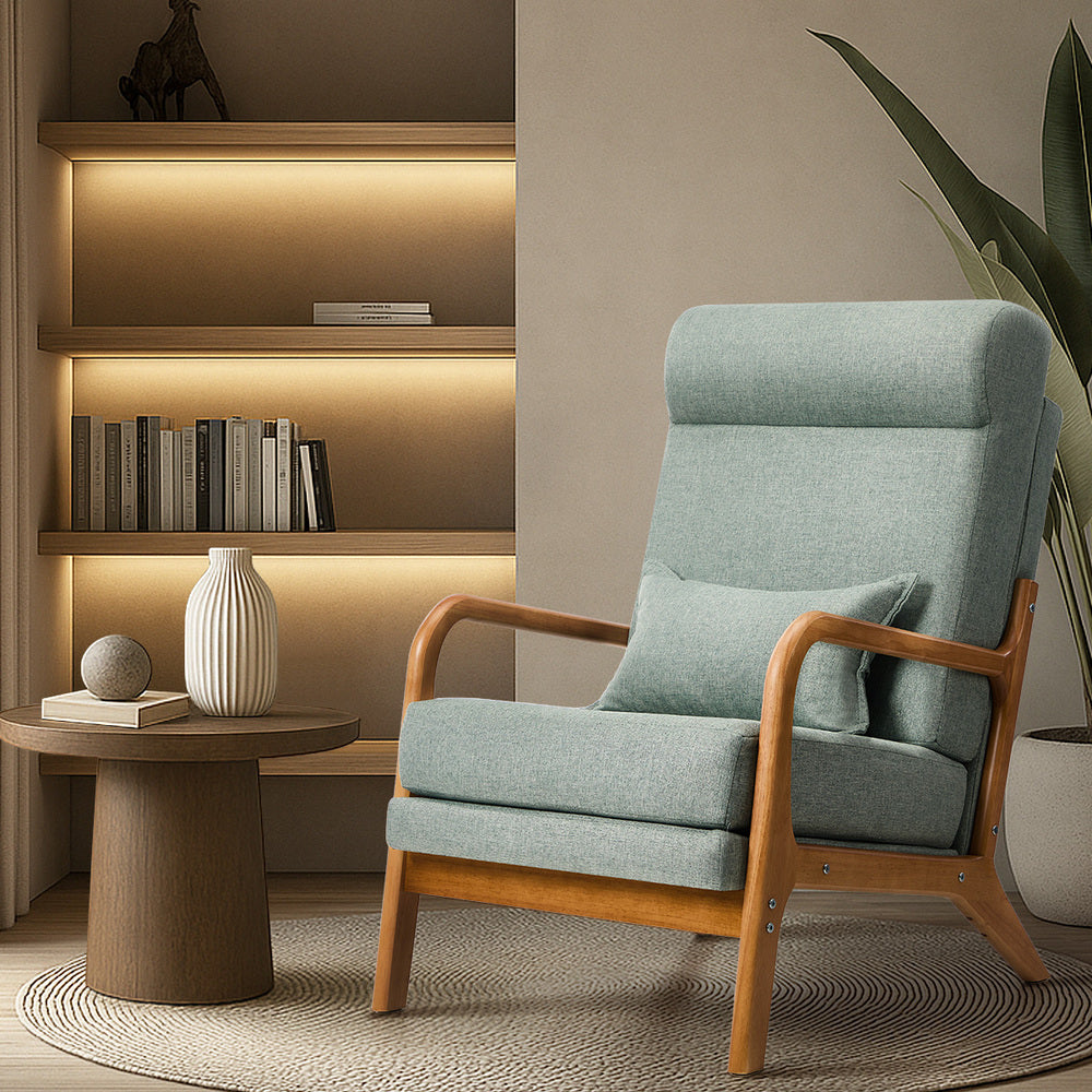Linen Fabric Armchair Lounge Chair with Lumbar Pillow Beige & Green
