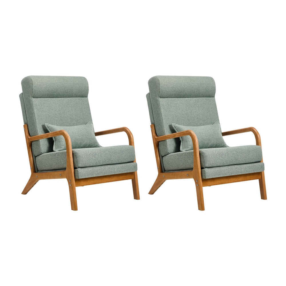 2x Linen Fabric Armchair Lounge Chair With Lumbar Pillow Green/Beige Upholstered Seating