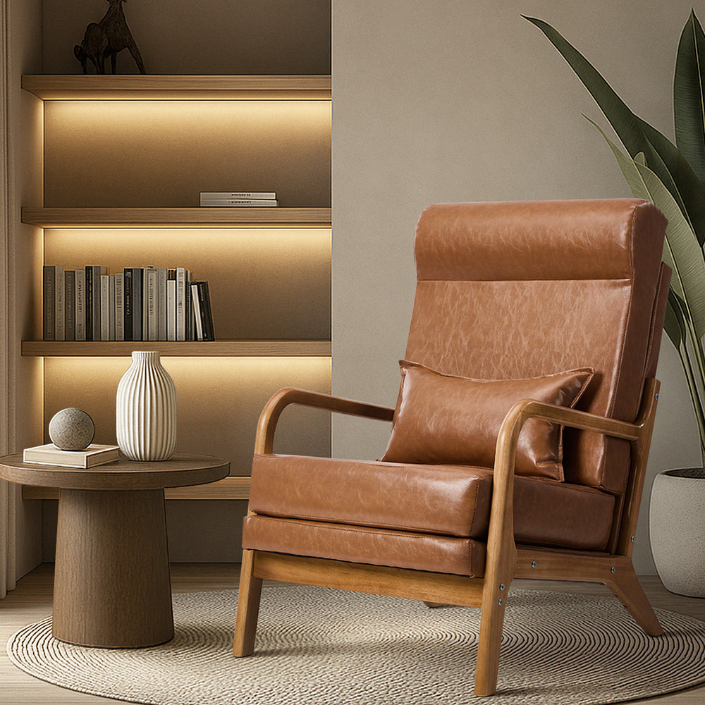 2x PU Leather Armchair Lounge Chair With Lumbar Pillow Brown Upholstered Seating