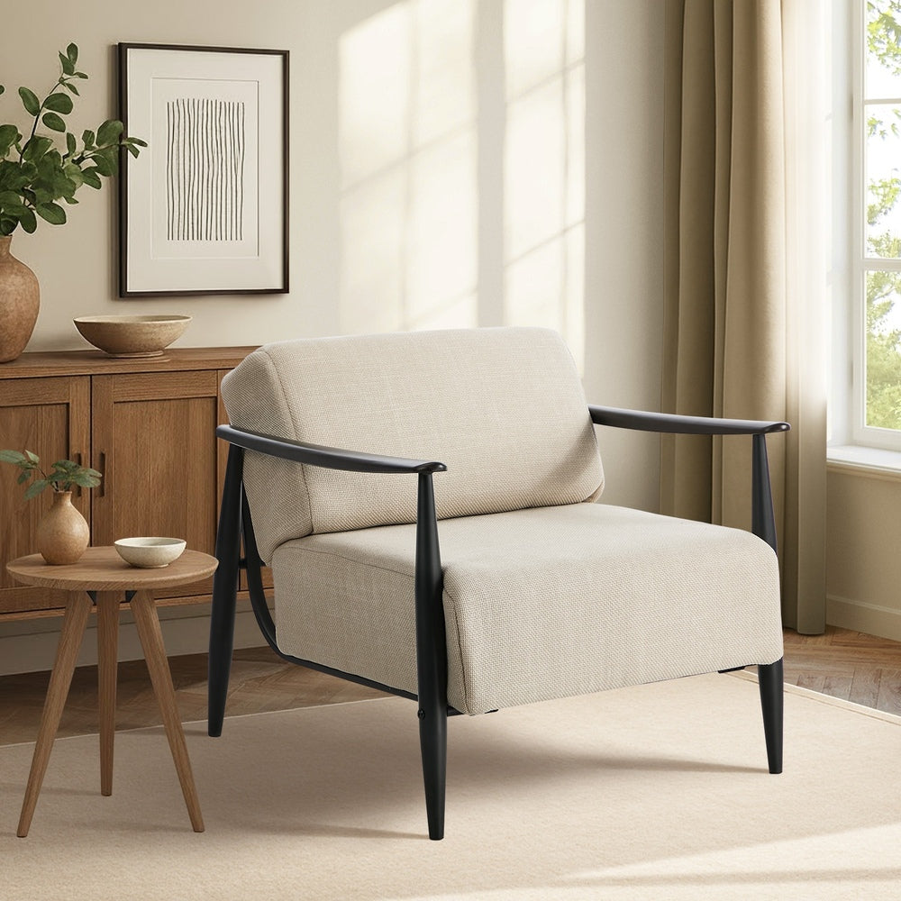 Wooden Armchair Lounge Sofa Fabric Chair Beige/Grey Living Room Seat