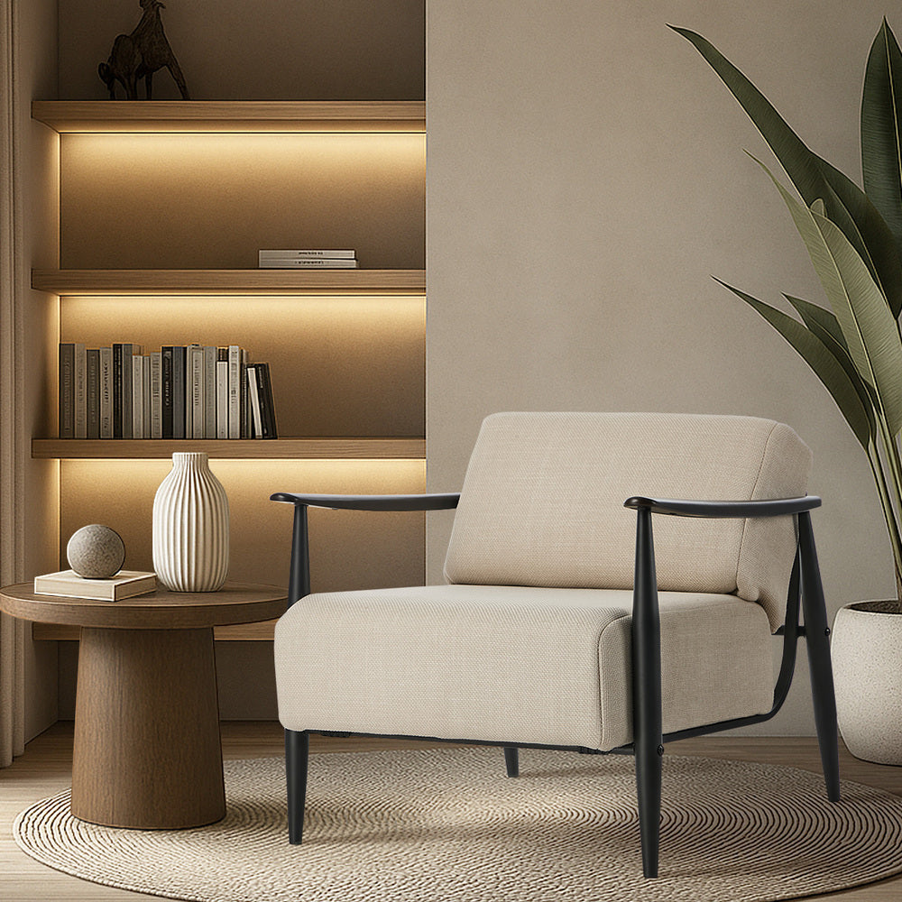 Wooden Armchair Lounge Sofa Fabric Chair Beige/Grey Living Room Seat