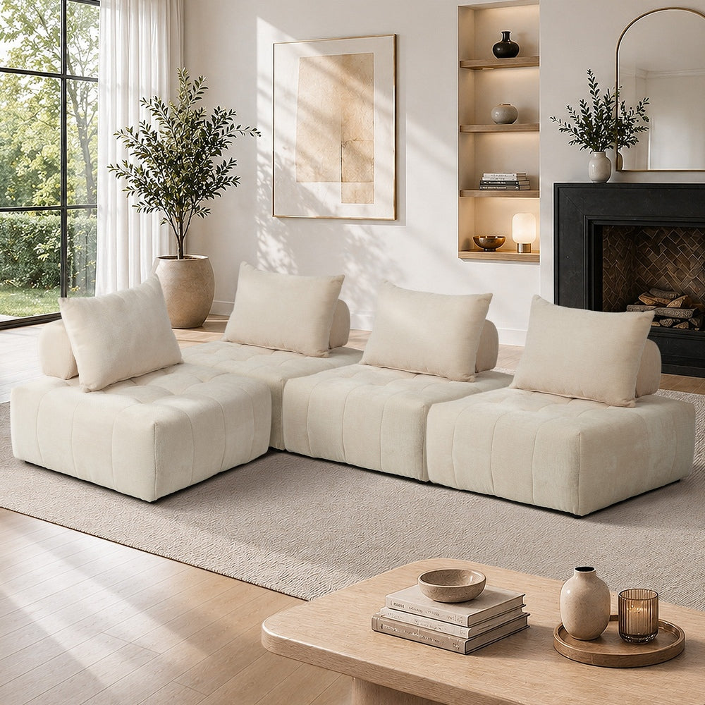 4x Chenille Modular Sofa Floor w/Pillow TOFU Armless