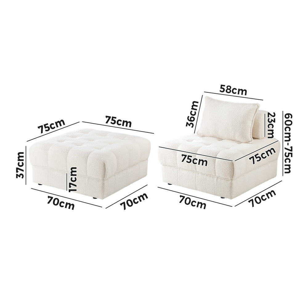 2-6 Seater Boucle Modular Sofa & Ottoman Set Armless White
