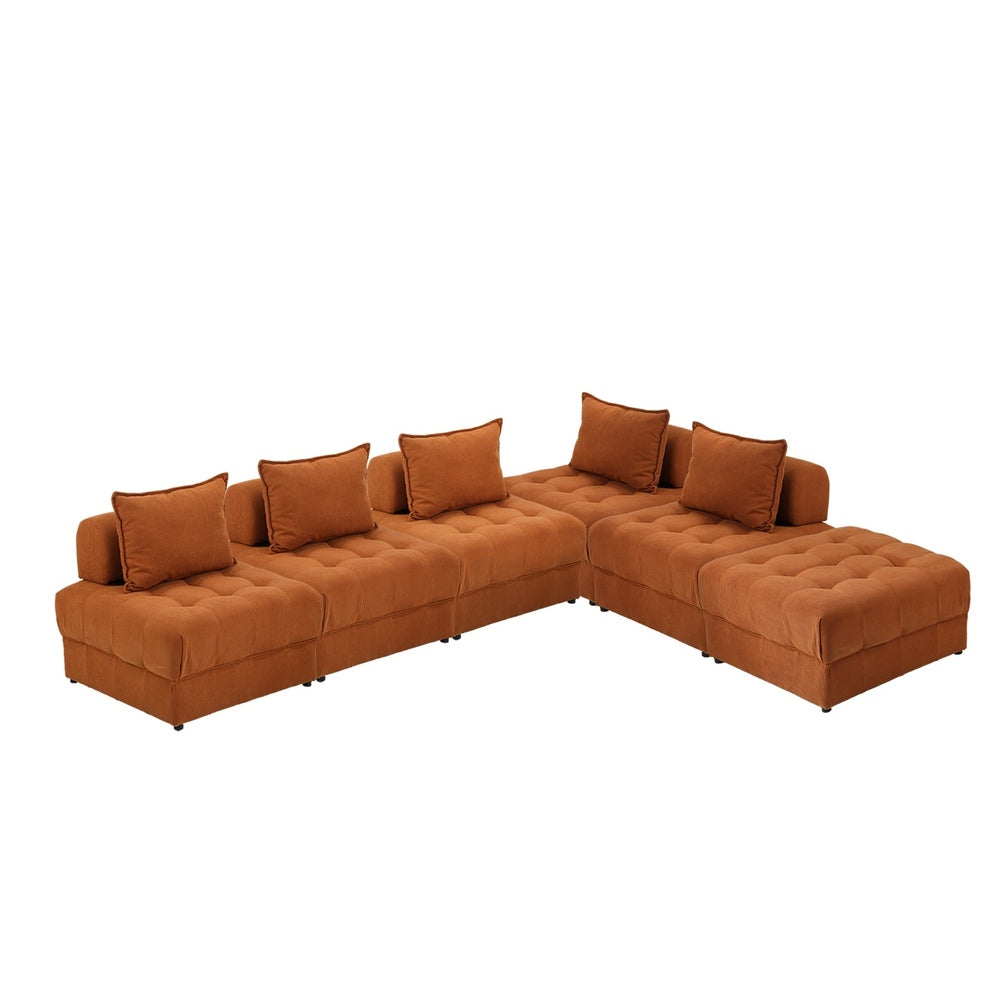 5/6 Seater Velvet Modular Sofa & Ottoman Set with Backrest Brown