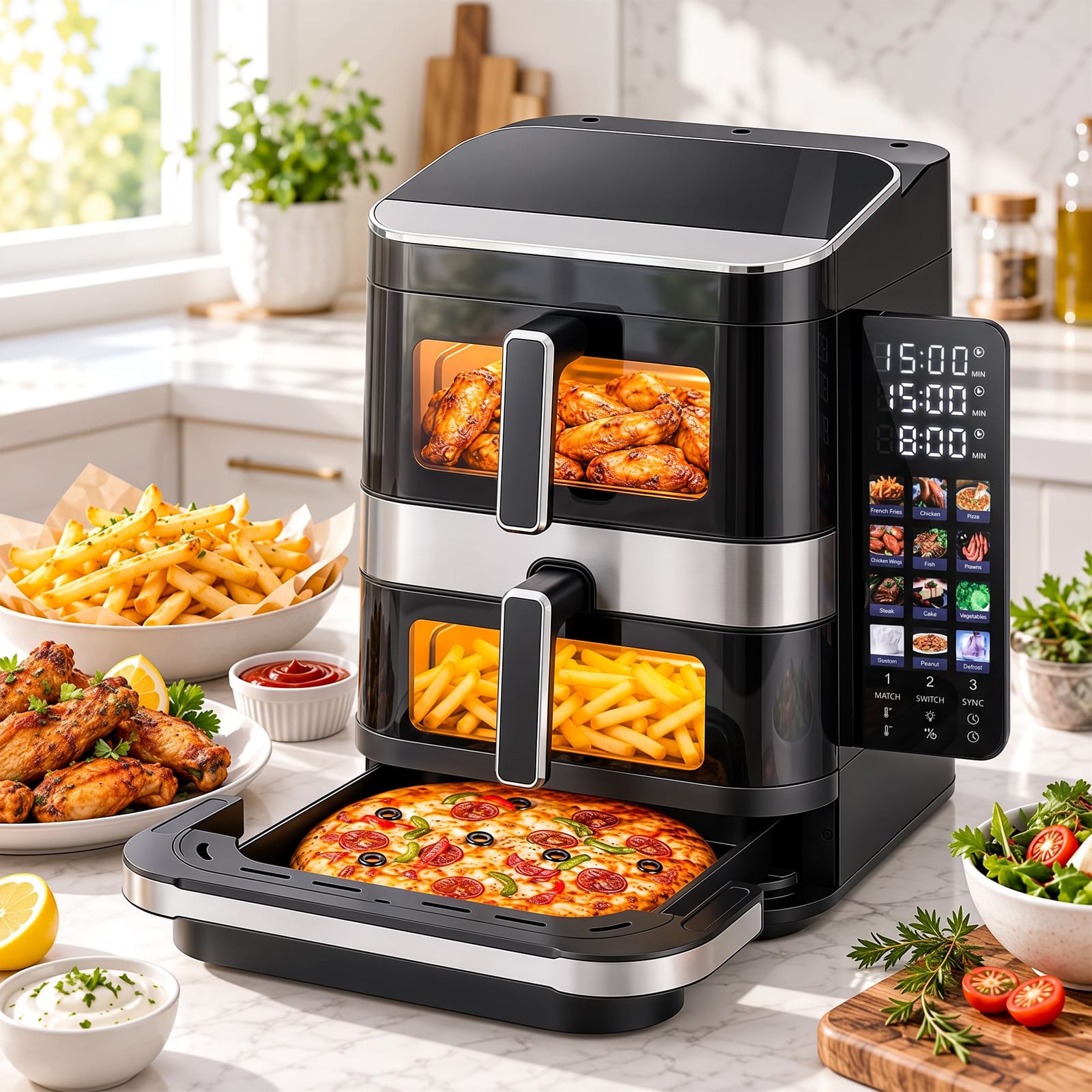 Dual Basket Air Fryer Pizza Maker 33.3x43x37.2cm