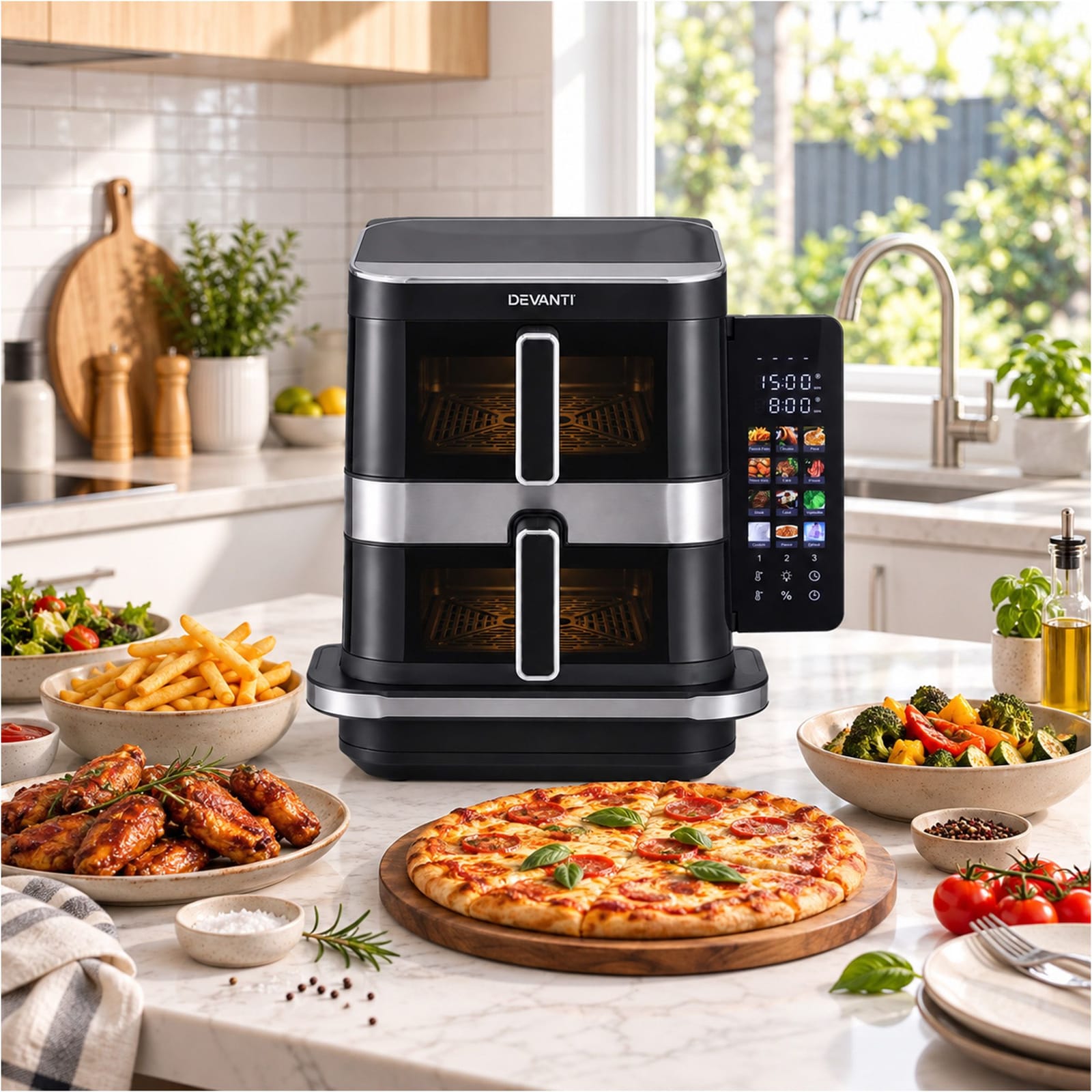Dual Basket Air Fryer Pizza Maker 33.3x43x37.2cm