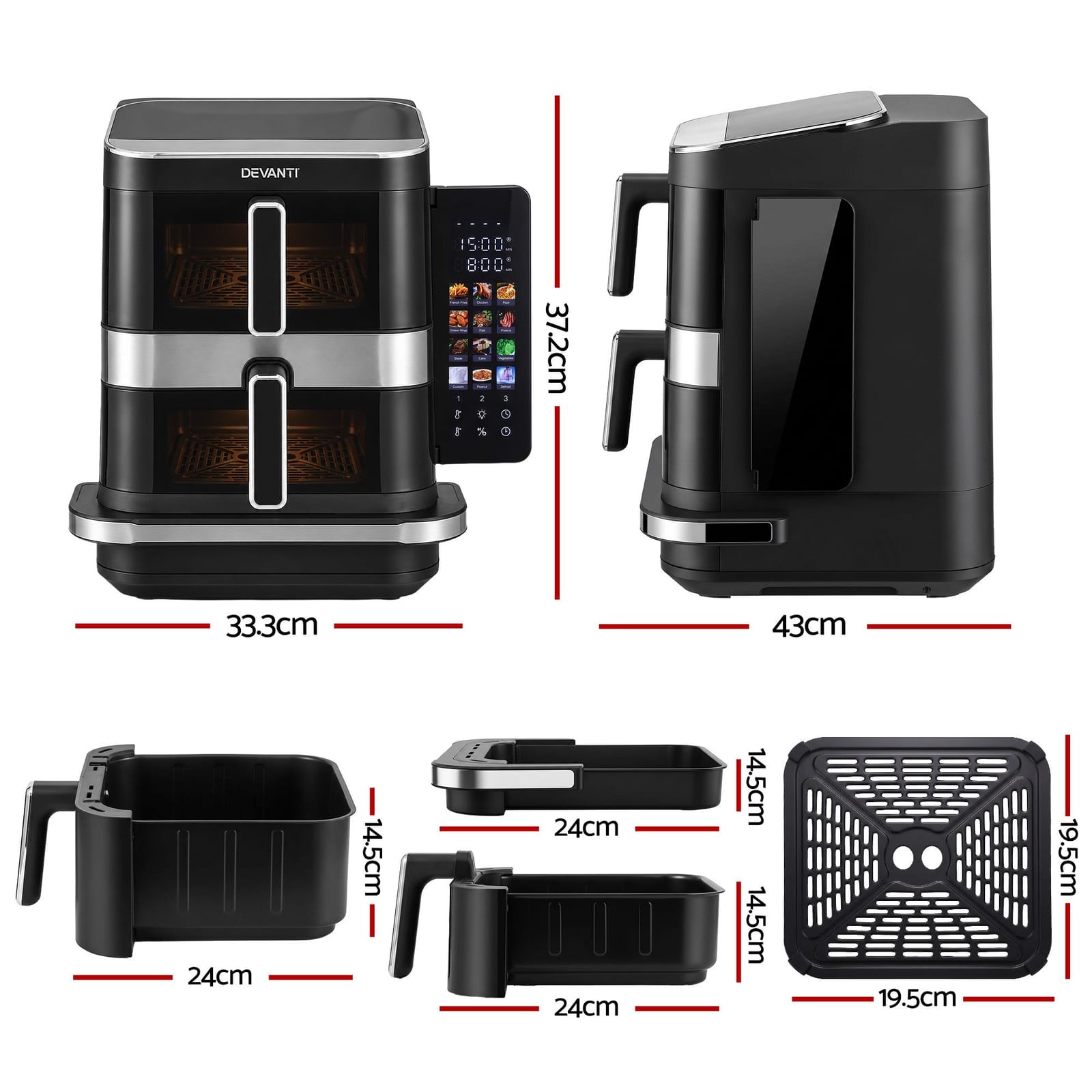 Dual Basket Air Fryer Pizza Maker 33.3x43x37.2cm