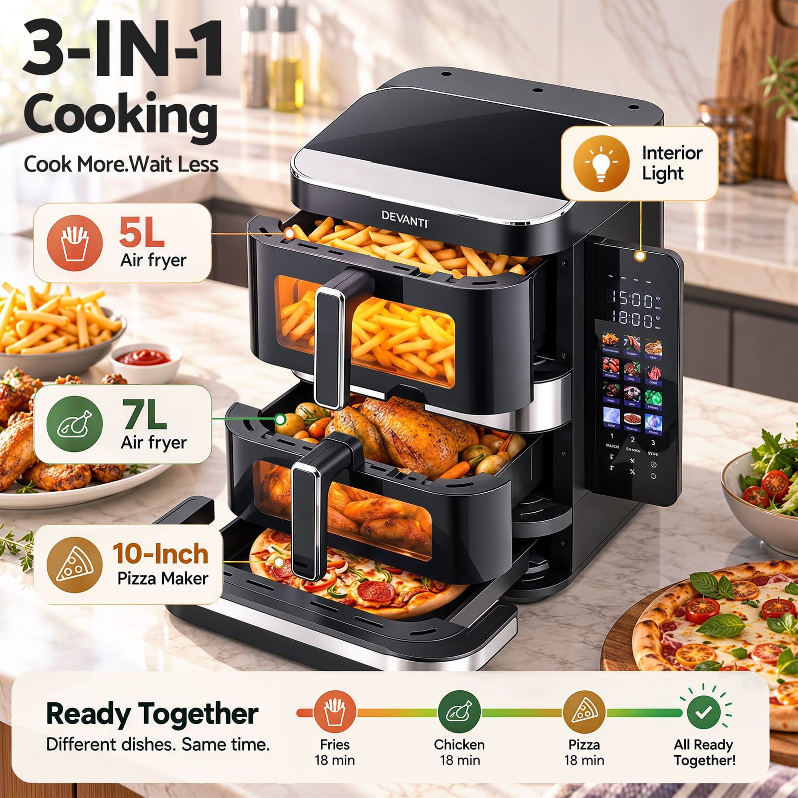 Dual Basket Air Fryer Pizza Maker 33.3x43x37.2cm