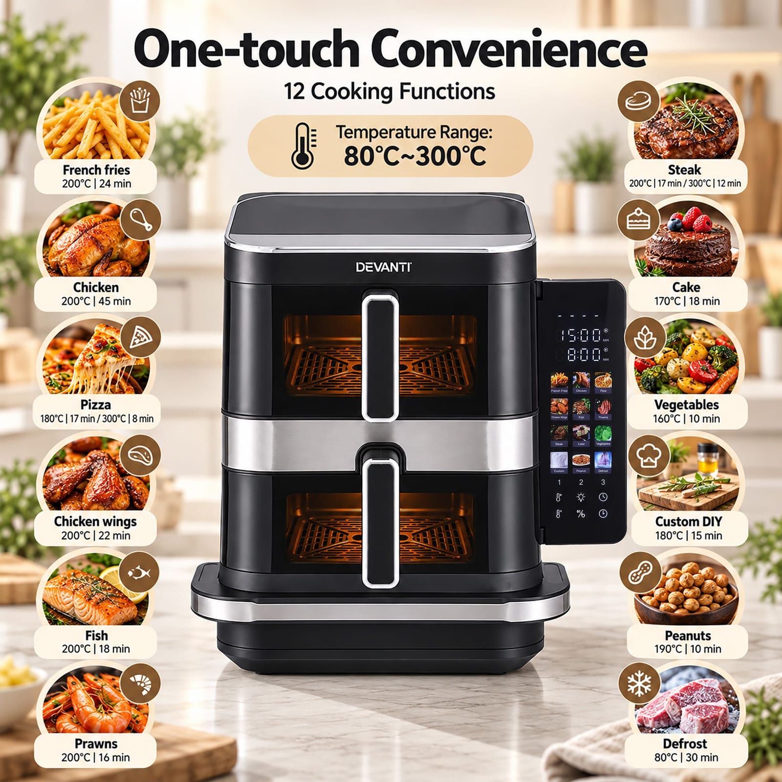 Dual Basket Air Fryer Pizza Maker 33.3x43x37.2cm