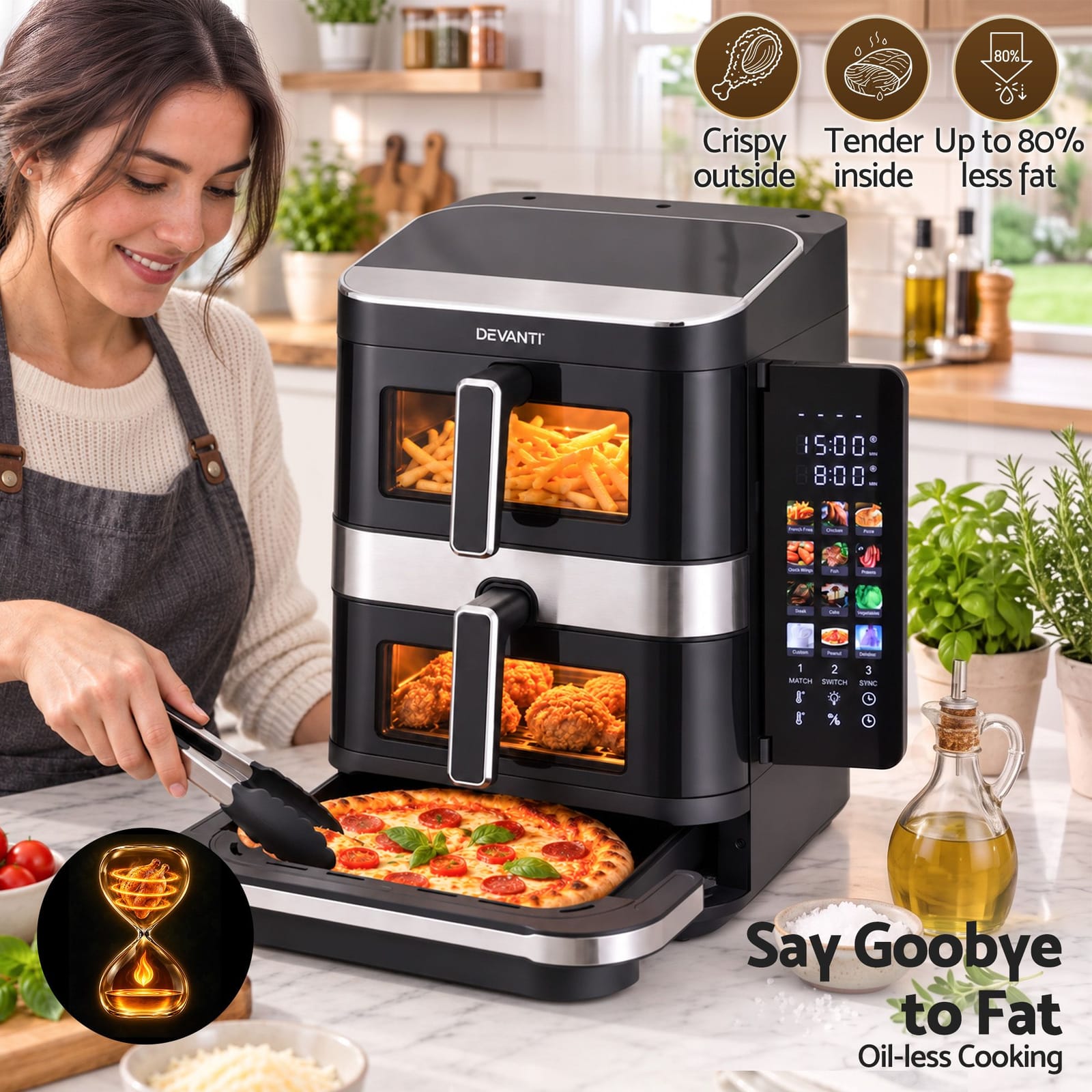Dual Basket Air Fryer Pizza Maker 33.3x43x37.2cm