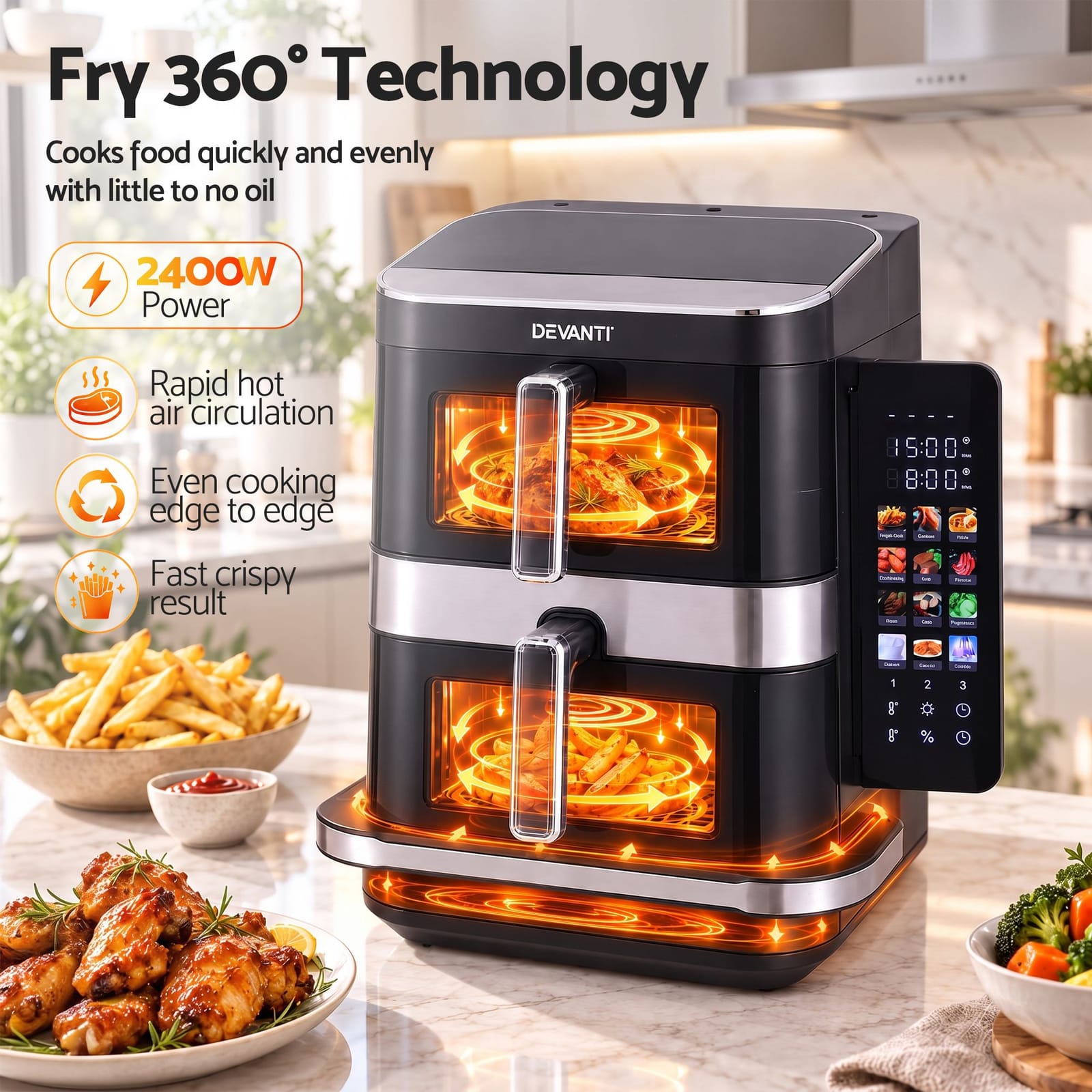 Dual Basket Air Fryer Pizza Maker 33.3x43x37.2cm