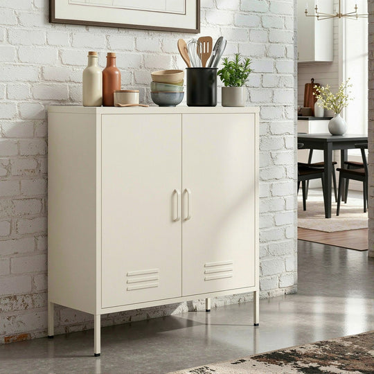 Metal Locker Storage Shelf Organizer Cabinet Buffet Sideboard Yellow/White