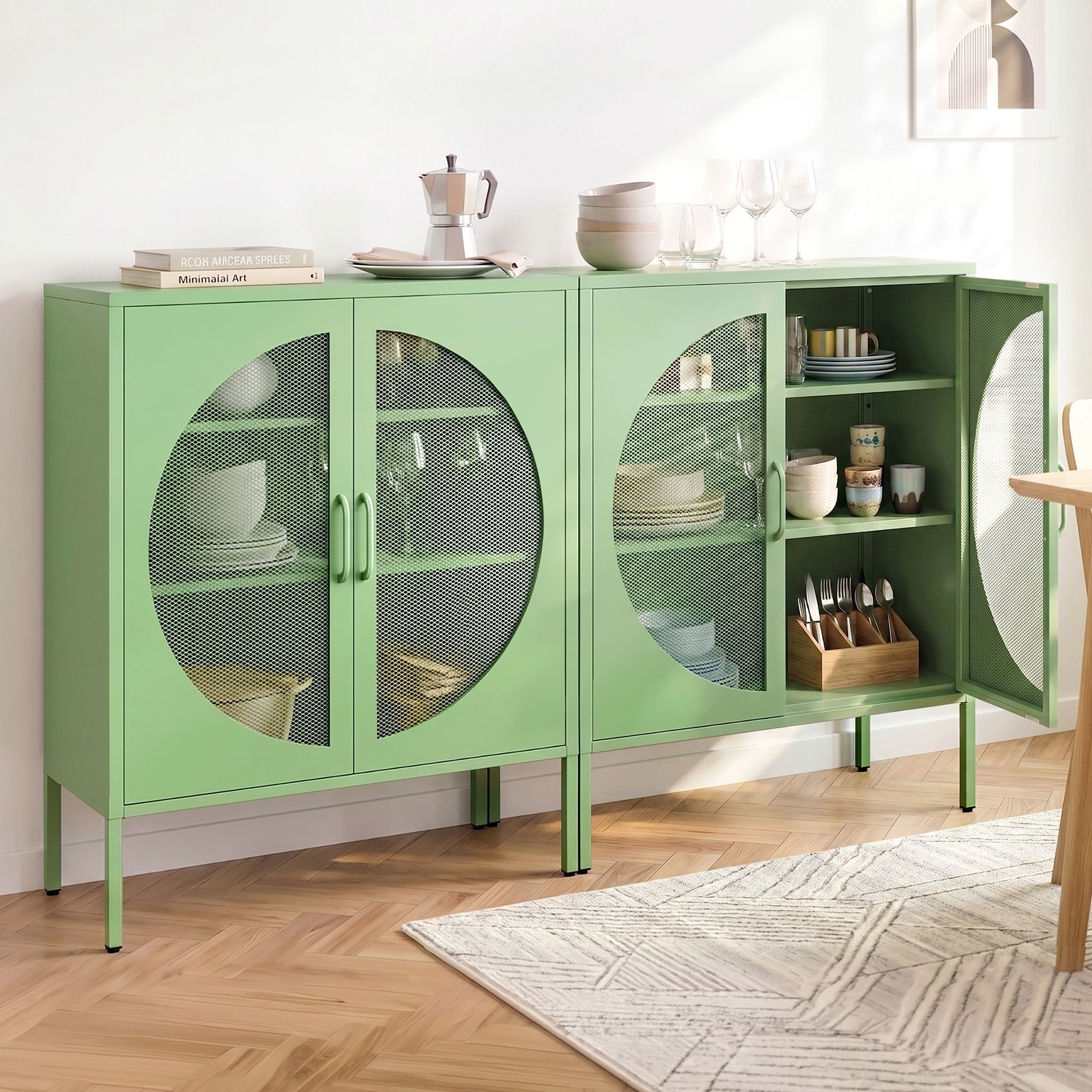 Green Metal Buffet Sideboard Mesh Doors 2pc | Simpledeals