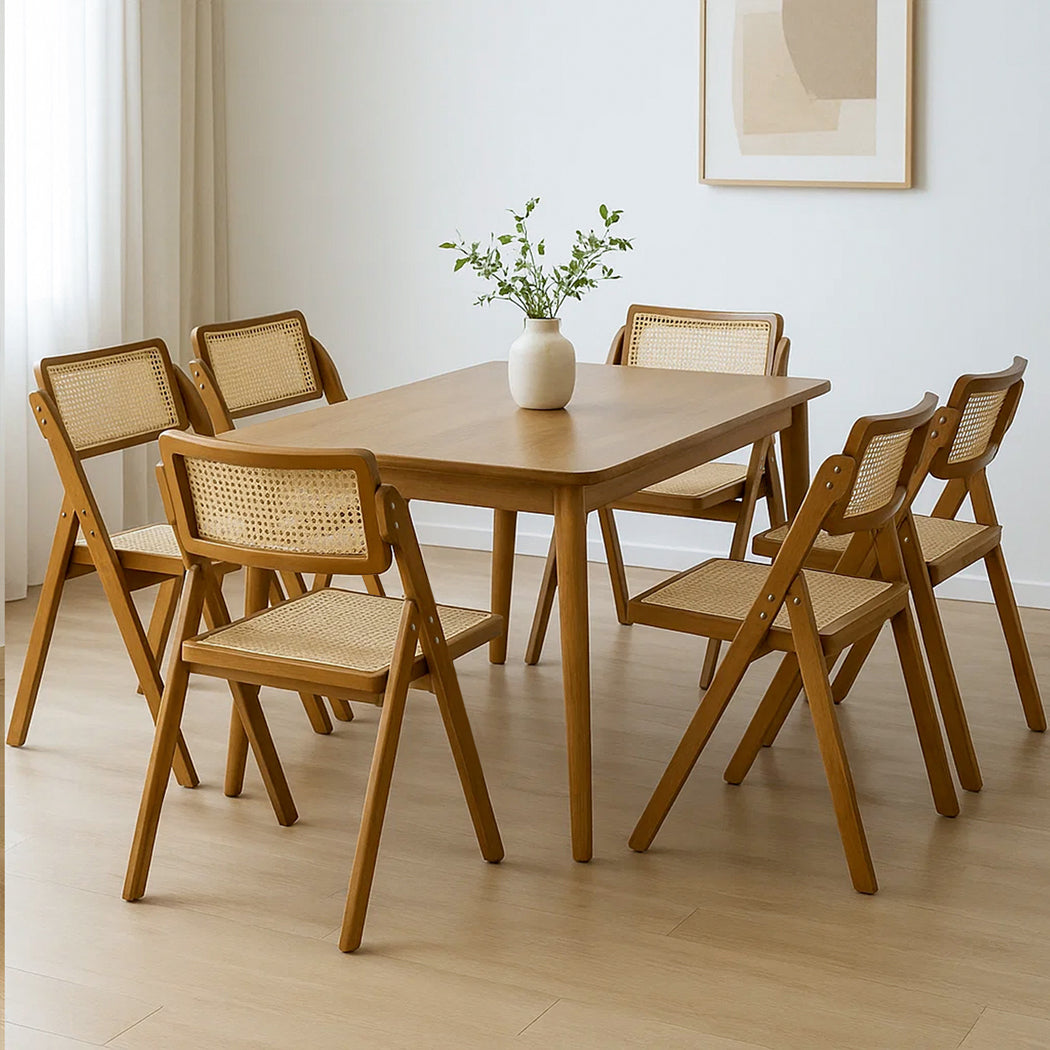 Functional 6X Foldable Rattan Dining Chairs  Wood Finish Classic