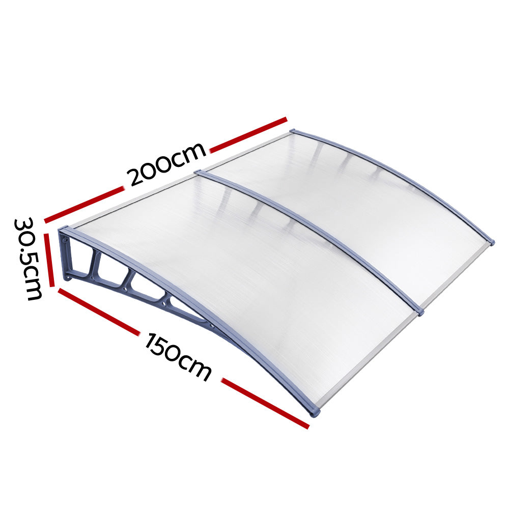 Window Door Awning Canopy 1.5Mx2M Transparent Sheet Grey Plastic Frame
