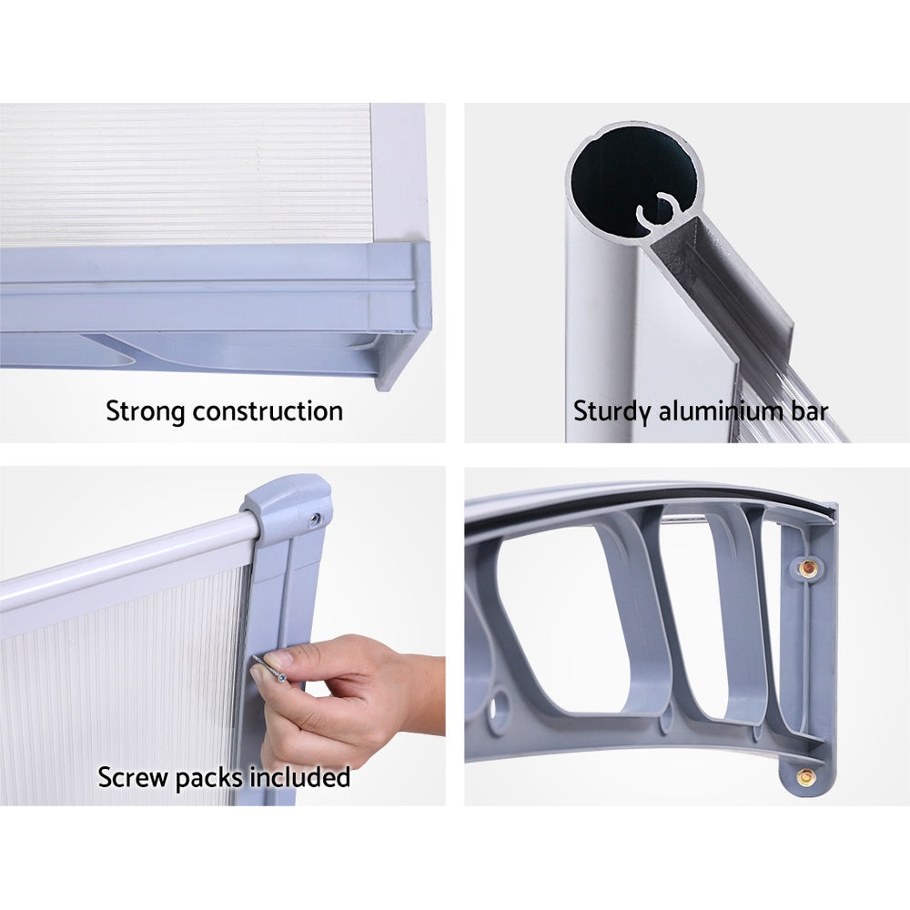 Window Door Awning Canopy 1.5Mx2M Transparent Sheet Grey Plastic Frame