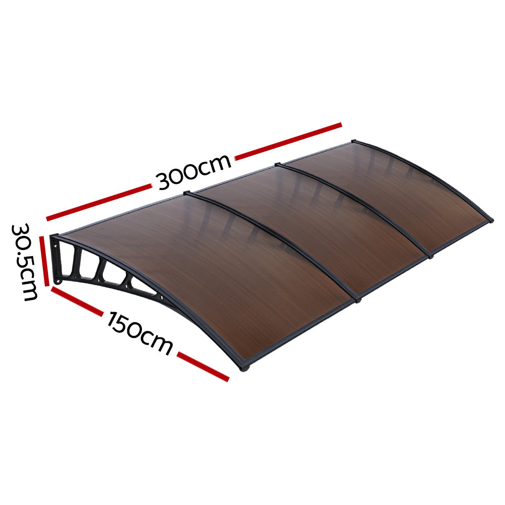 Window Door Awning Canopy 1.5Mx3M Brown Sheet Black Plastic Frame