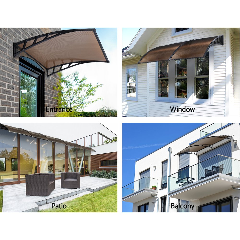 Window Door Awning Canopy 1.5Mx3M Brown Sheet Black Plastic Frame